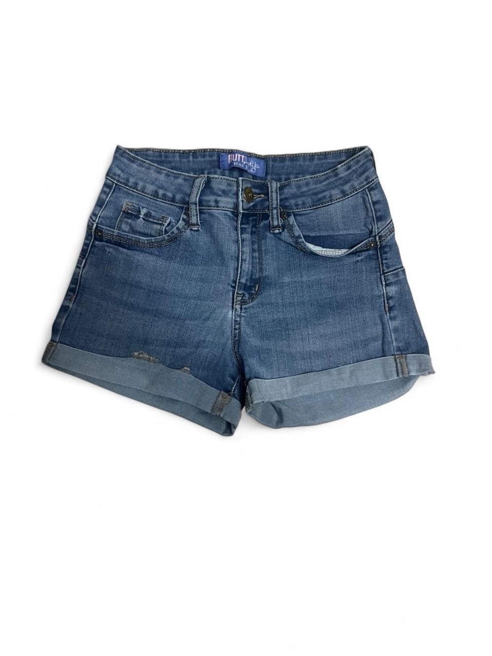 Faded Blue Rolled Hem Denim Shorts —